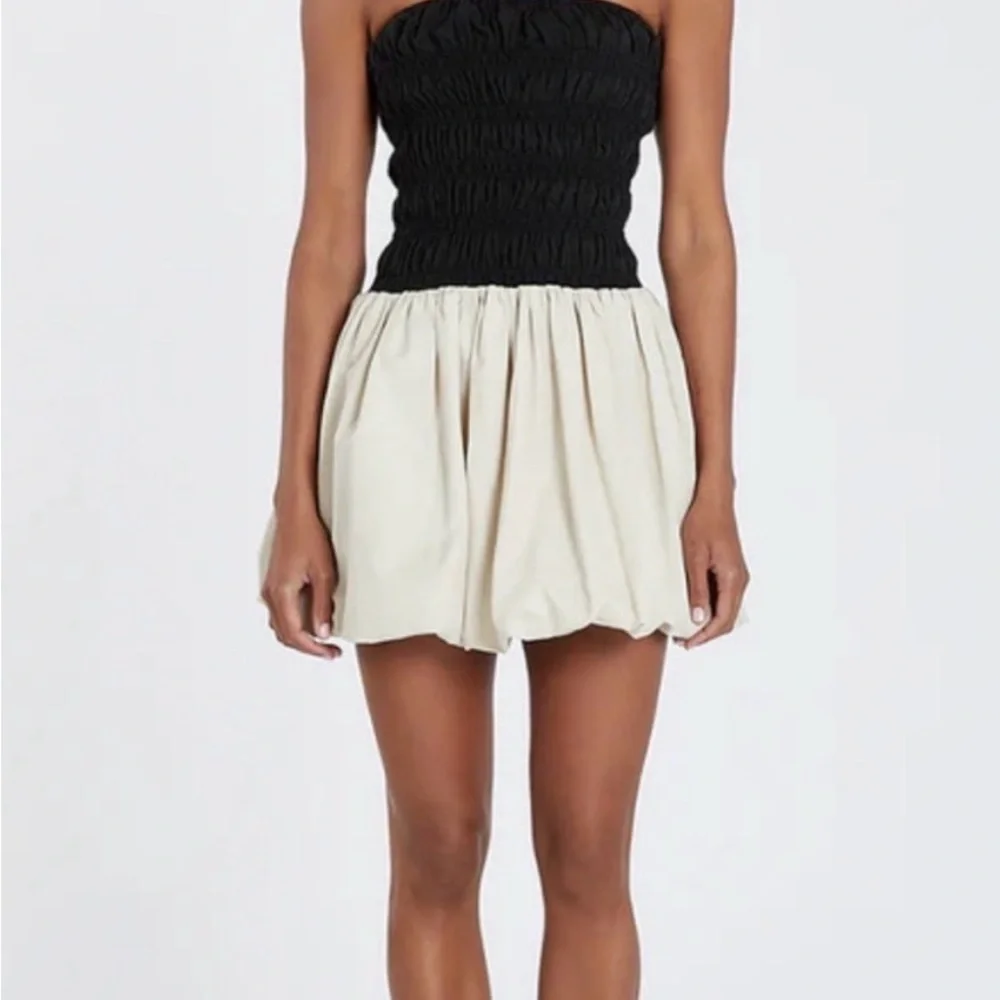 DISSH Black Smocked Strapless Mini Dress with Cream Skirt